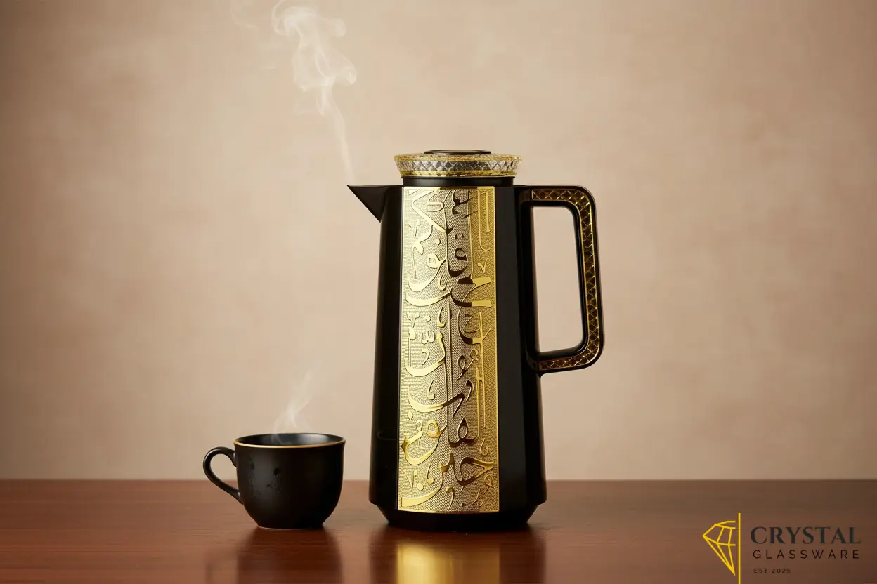 Luxury thermal flask in black with gold /silver intricate Arabic calligraphy — Crystal Glassware Pakistan